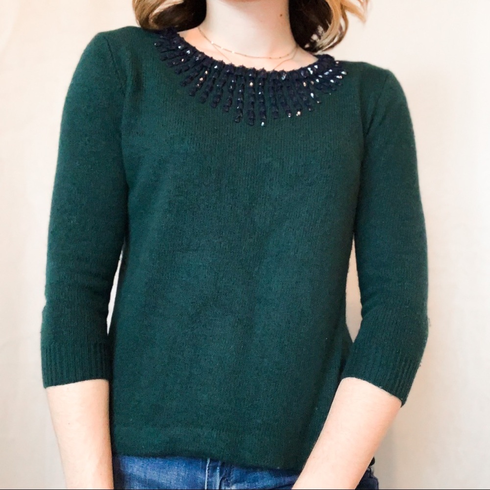Emerald green J. Crew sweater with blue jewels